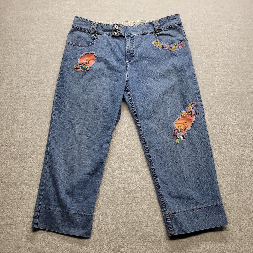 BETS Canvasbacks Womens 16 Jeans Y2K Embroidered Floral Cutout Wide Leg Denim